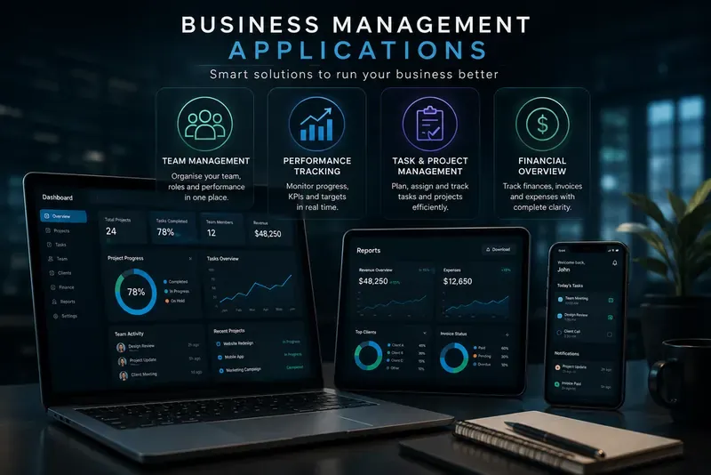 Business management application shown on laptop, tablet and phone