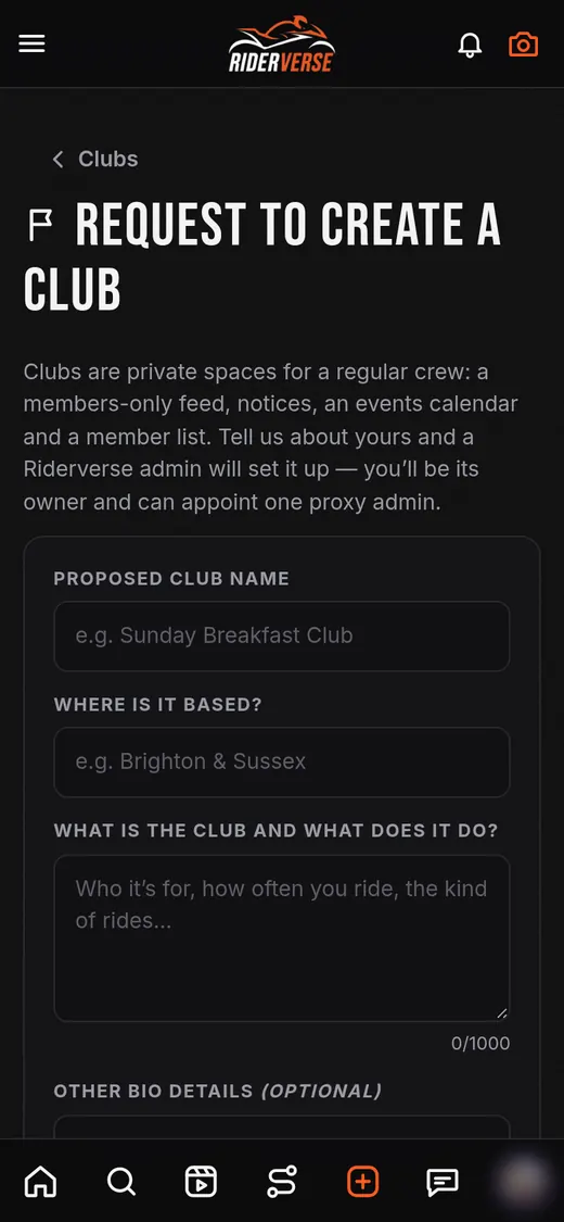 Riderverse form to request a new club