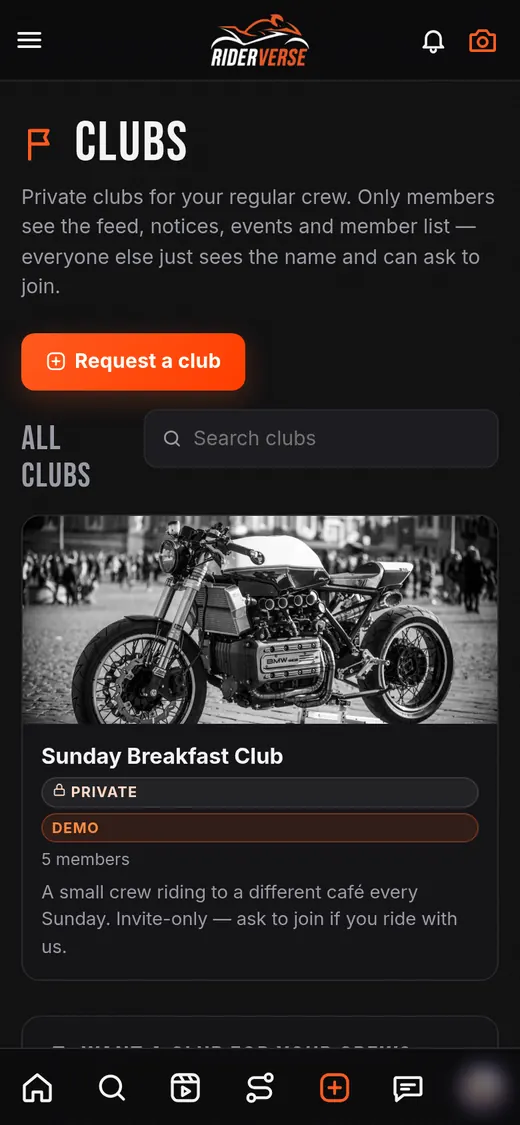 Riderverse clubs list with a private club card