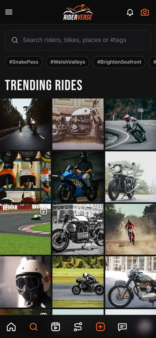 Riderverse explore page with trending rides