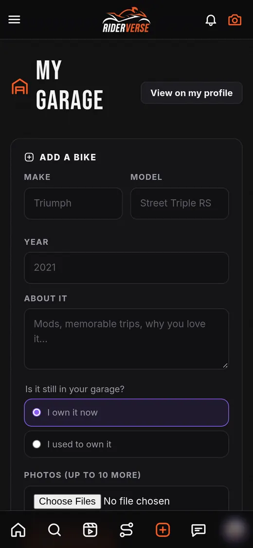 Riderverse garage page for adding a bike