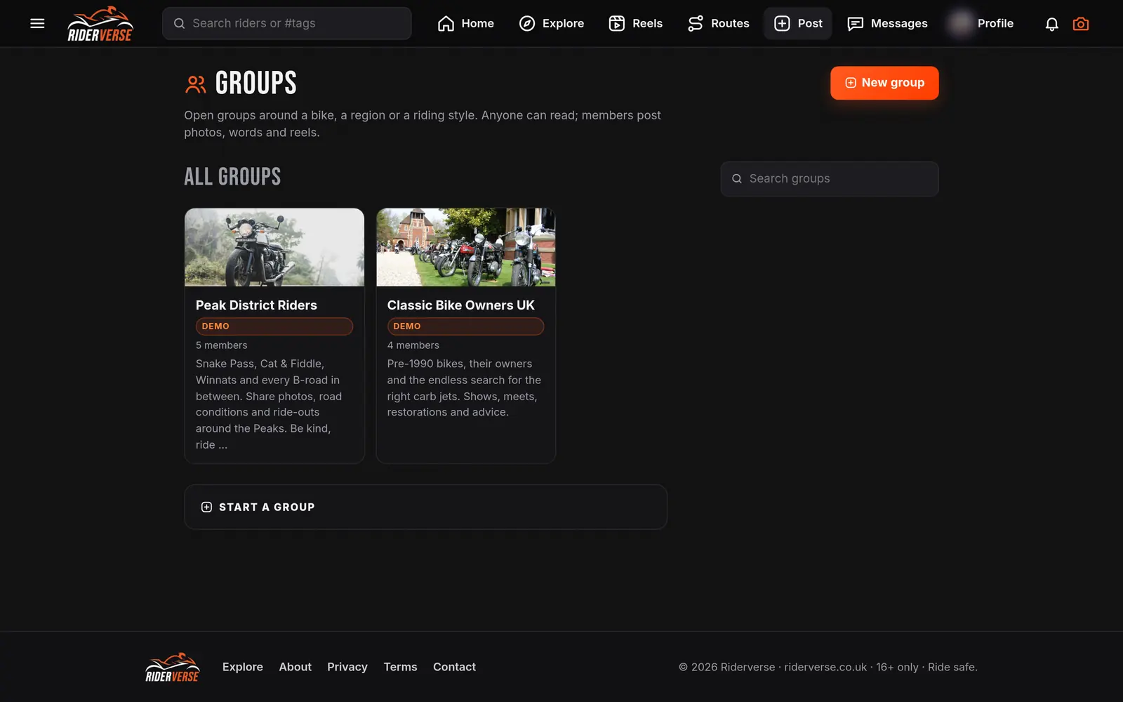 Riderverse groups page on desktop
