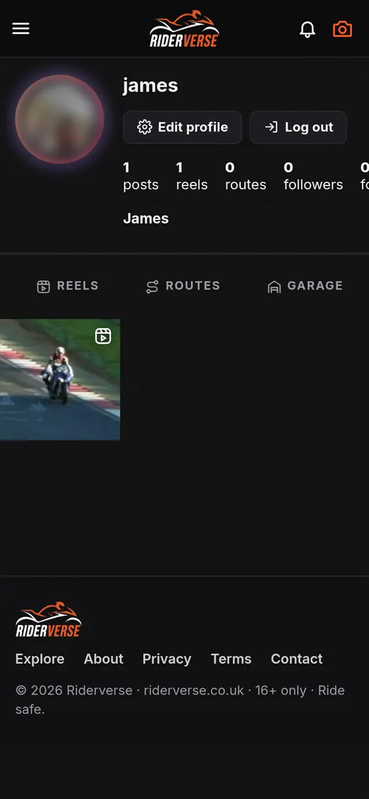 A Riderverse rider profile with posts, reels, routes and garage tabs
