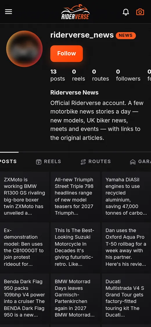The riderverse_news profile with recent motorbike news posts