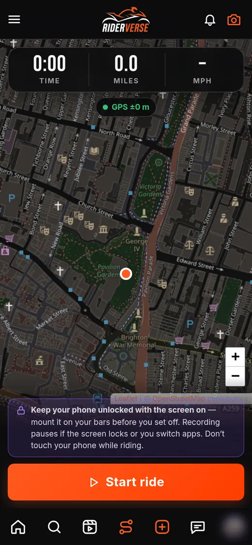 Riderverse ride recorder with a map and a Start ride button