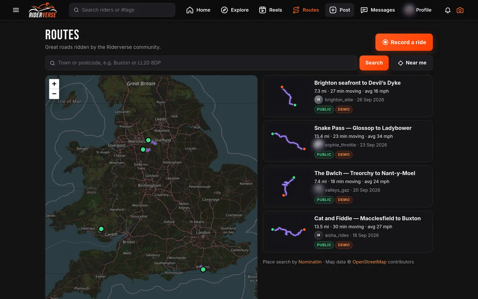 Riderverse routes map of the UK with a list of shared routes